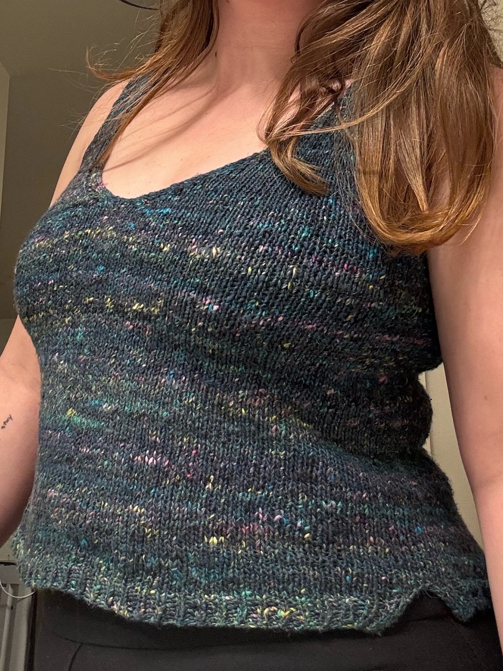 Hand knit tank top, cotton/silk blend blue